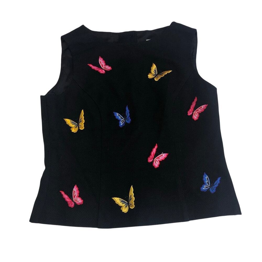 Vintage Jessica Howard Butterfly Embroidered Button Back Top Size M Petite Black
